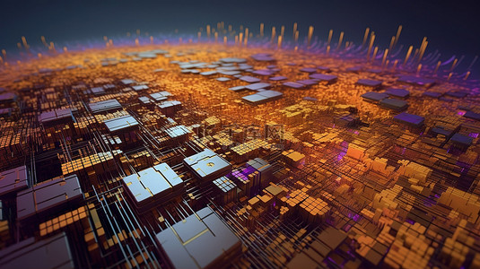 微芯片和处理器的超现实景观，橙黄色蓝色和紫色的 3d 地形渲染