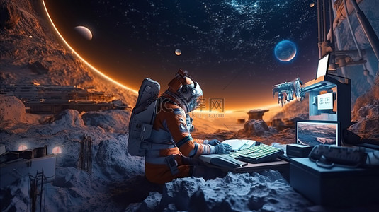 太空科学任务宇航员在未来殖民地 3D 渲染中对笔记本电脑进行研究
