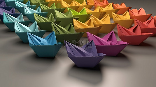 彩虹彩色纸船的多样化舰队 3D 渲染概念