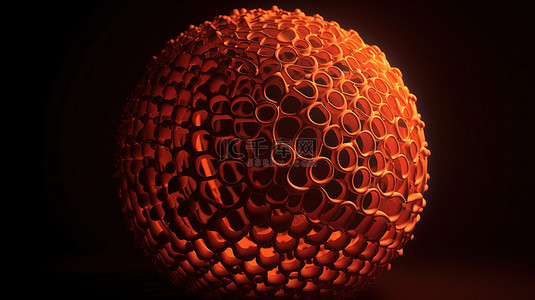 未来派橙色球体 3D 插图，具有抽象建模和无数圆圈