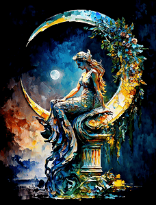 梦幻卡通浪漫女孩月亮罗马柱油画装饰画背景