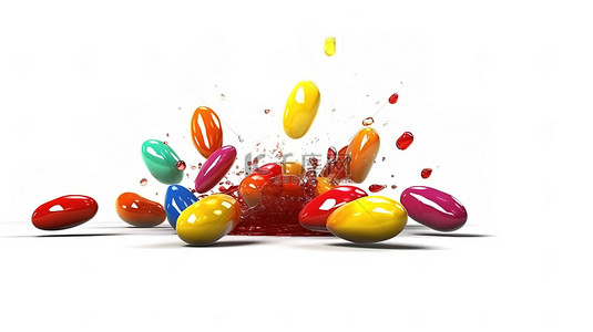 可口豆背景图片_充满风味的彩色果冻豆在 3D 插图中白色背景上的爆炸中爆炸