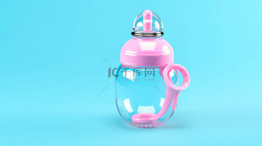 护理婴儿背景图片_双色调风格粉红色背景，带 3d 空蓝色婴儿奶瓶和奶嘴