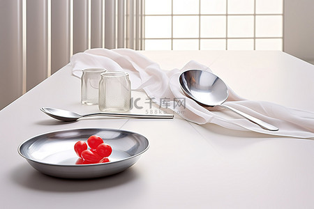 白色的厨房里有一个勺子和一个小盘子