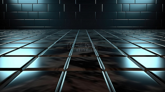 裂缝黑瓷砖墙的 3D 渲染在玻璃地板上投射干扰阴影