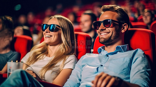 微笑的情侣在约会时戴着 3D 眼镜高兴地看电影