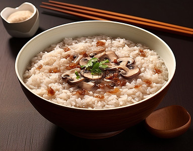 米饭筷子背景图片_碗里有米饭和配料