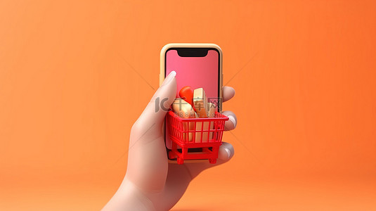 移动购物手持智能手机放在篮子中进行在线购买 3D 渲染