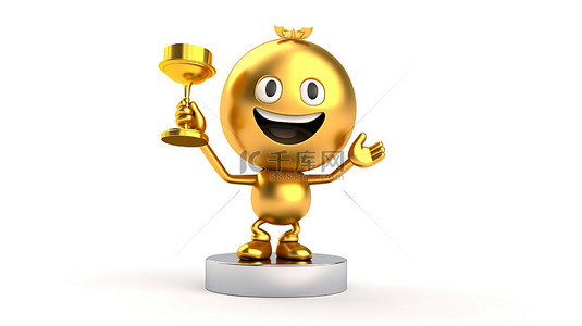 吉祥物人物拿着金色奖杯存钱罐和白色背景的美元硬币作为获奖者的 3D 渲染