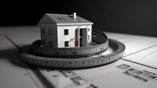 装修工具卷尺背景图片_3D 渲染显示卷尺符合房屋轮廓