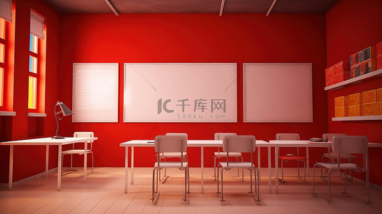 现代教室设计与白板对红色特征墙 3d 渲染