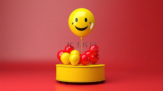 医患关怀背景图片_3D 讲台上有关怀表情符号，背景是漂浮的表情气球