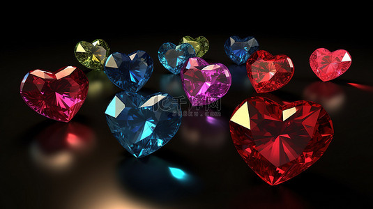 3D 渲染中异想天开的心钻石和星星