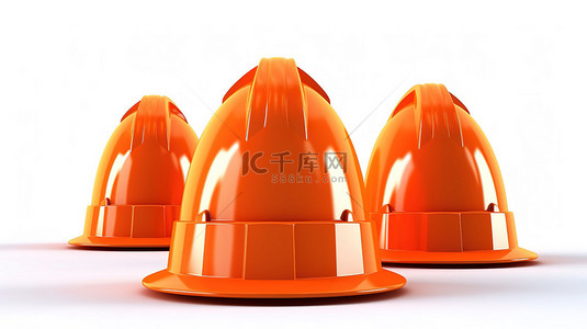白色背景的 3D 渲染，带有孤立的橙色高速公路安全锥和头盔