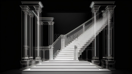 白色线框建筑内部的渲染 3D 透视，带有楼梯柱窗和黑色背景上的元素设计元素