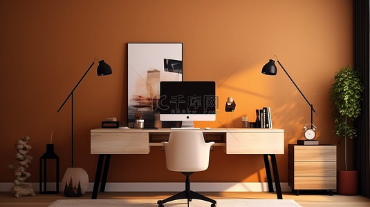家庭办公背景图片_现代家庭办公空间的 3D 渲染，配有带电脑的时尚桌子和时尚的棕色墙壁