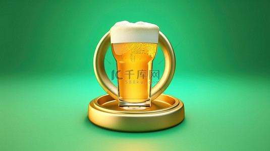 金色啤酒徽章 Fortuna 的标志性符号位于青色潮水背景上，以 3D 呈现的社交媒体图形