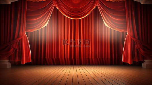 红色窗帘和聚光灯照亮空荡荡的剧院舞台 3D 渲染