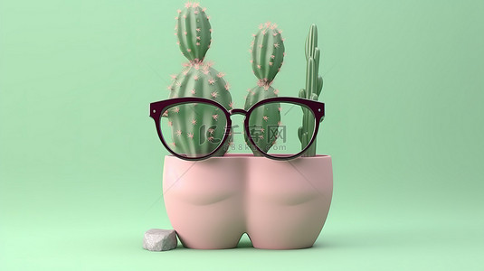可爱的盆栽仙人掌，戴着眼镜，在柔和的背景下呈现 3D 插图