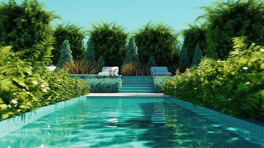 背景叠层背景图片_郁郁葱葱的灌木丛环绕着层叠游泳池，配有 3D 插图中的躺椅