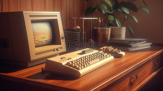 老式桌面设置计算机塔显示器键盘和鼠标排列在 3D 渲染的木桌上