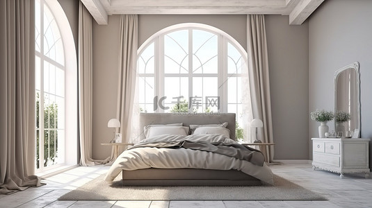 睡觉的枕头背景图片_明亮宽敞的卧室，配有特大号床和大窗户的 3D 渲染