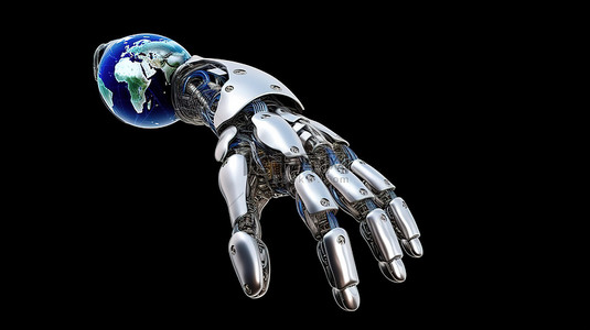 电影工业4.0背景图片_手臂上运动全息地球的机器人插图描绘了 3D 技术