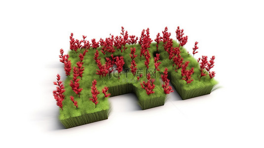 具有独立背景的 3D 渲染中的红色花朵和草标签