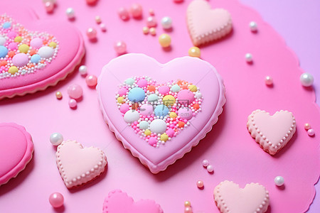 有心背景图片_粉红色卡片上心形饼干的照片，周围有心形