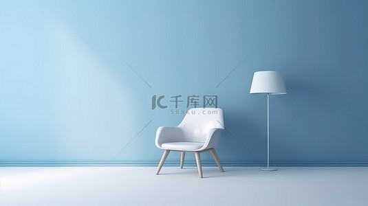 房间内背景图片_简约房间内时尚的白色椅子，配有蓝光墙 3D 渲染