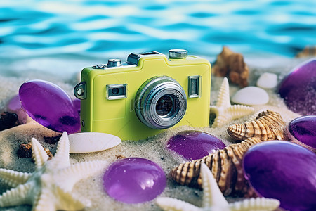 灯箱相机背景图片_海中的相机，有贝壳和岩石