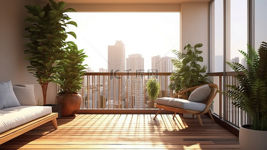 家庭或公寓中阳台起居空间的 3D 渲染