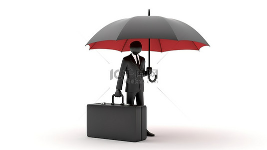 卡通雨伞背景背景图片_一名 3D 专业人士拿着公文包和白色背景的雨伞站稳