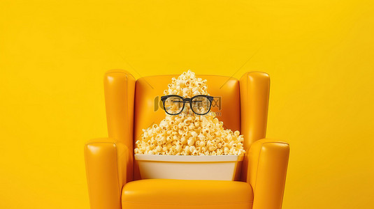 电影院准备的 3D 眼镜和爆米花放在充满活力的黄色扶手椅上，有文字空间
