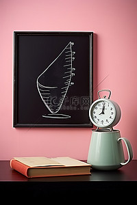 数学黑板旁边的一杯咖啡和一个时钟