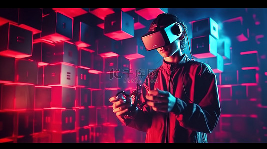 vr科技背景图片_在黑暗的游戏俱乐部内部的发光立方体中，使用 VR 耳机和游戏手柄体验终极游戏冒险