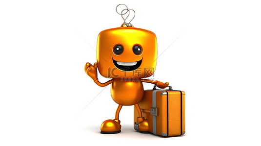 拿奖背景图片_3D 渲染一个人物角色，带着橙色旅行手提箱，白色背景上拿着金奖得主奖杯吉祥物