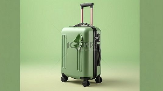 旅游横幅背景图片_柔和的浅绿色旅游拉杆包模型的 3D 渲染