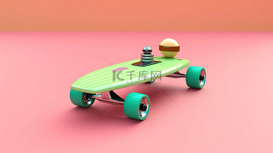 年轻滑板背景图片_粉色和绿色背景下长板的充满活力的 3D 渲染