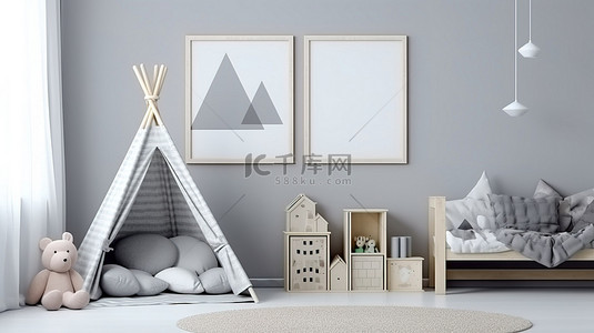 儿童房装饰背景图片_带模拟海报框架的浅灰色儿童房的 3D 渲染