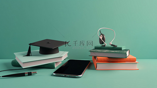 教育手机背景图片_教育在线概念 3d 渲染毕业帽书籍和手机在浅绿色背景与逼真的形状