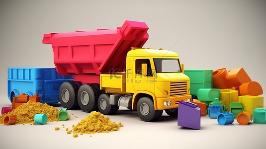 充满活力的 3D 儿童玩具插图，配有彩色敞篷自卸卡车和起重机
