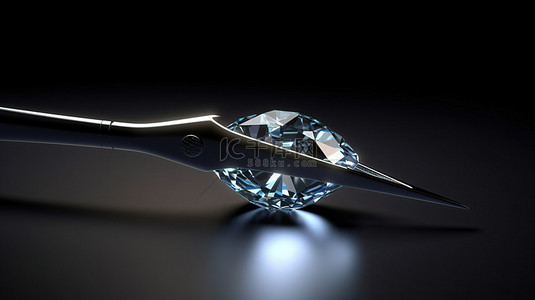 黑色背景下镊子夹住的 3D 渲染钻石