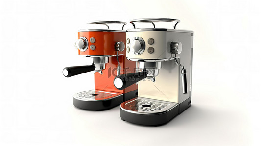 白色背景浓缩咖啡机运行中的 3D 渲染