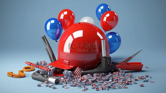 3D 渲染用气球和计算机施工工具庆祝美国劳动节