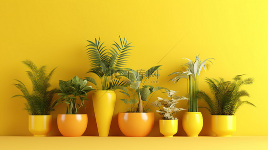 黄色树子背景图片_充满活力的彩色花盆，在阳光明媚的黄色背景上种植着郁郁葱葱的室内植物，非常适合您的文本 3D 渲染