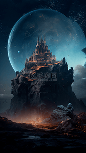 月球背景图片_夜晚月球城堡梦幻卡通广告背景