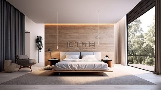 简约家具风格背景图片_现代卧室设计，简约风格，配有全景窗户和时尚的家具 3D 渲染
