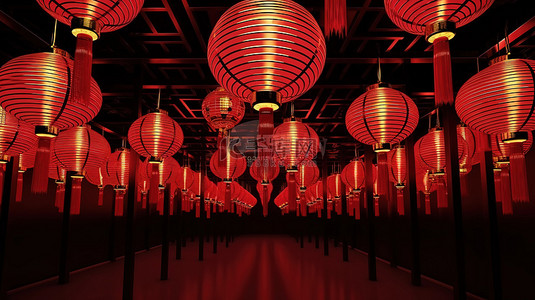 中国装饰品背景图片_发光的 3D 渲染中国新年装饰品红色和金色灯笼与照明灯串