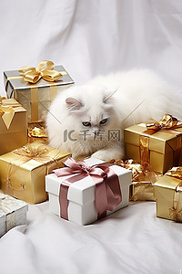 动物牛储蓄罐背景图片_小白猫躺在一堆包装好的礼物旁边